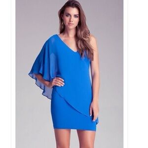 bebe asymmetrical flutter sleeve dress